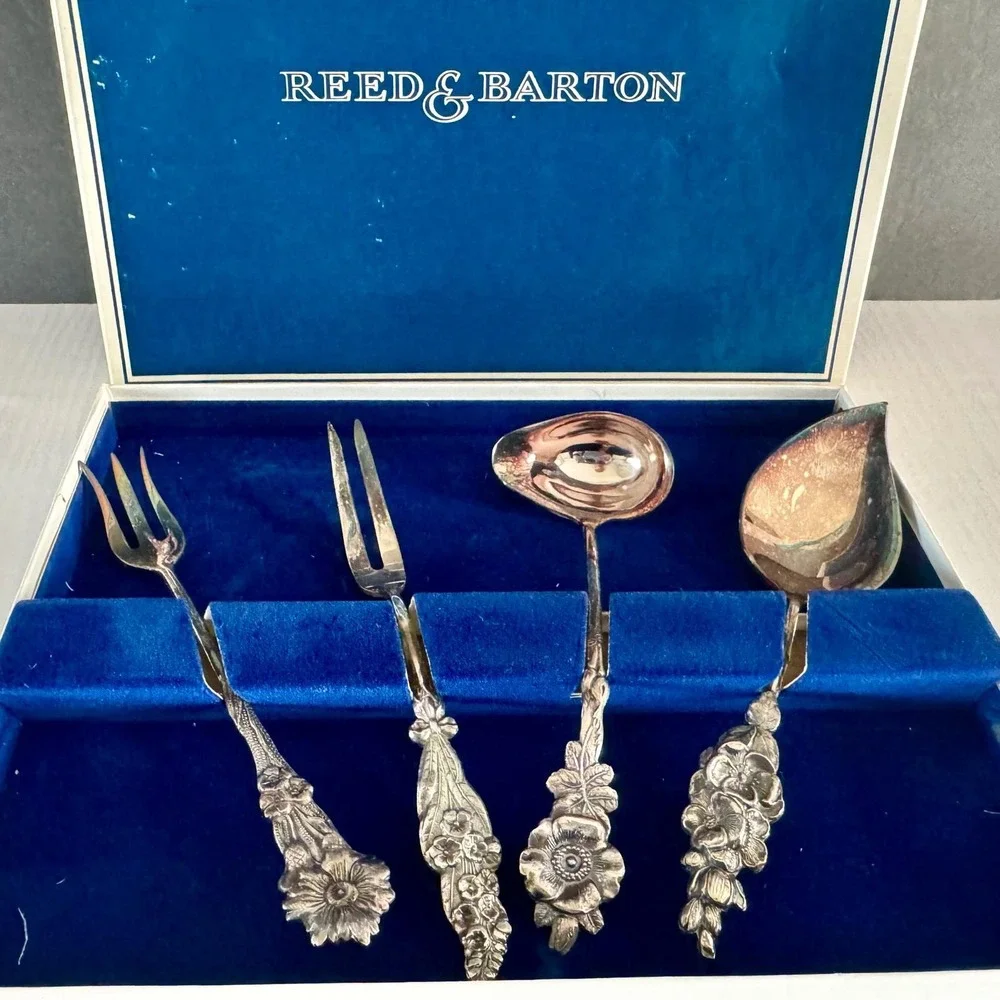 Reed & Barton Harlequin Silverplate Condiment/Party Set 4 Piece in Gift Box